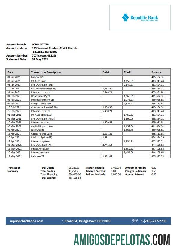 Modelo de extrato bancário da República de Barbados em branco em formato Word e PDF